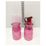 Lot of 4 red & pink glass vases