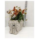 White wicker elephant planter w/ faux plate