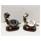 Pair of black & white porcelain roses, unbranded