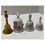 4 Vtg Bells 1 Brass 3 Porcelain Bells w/Floral