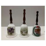 3 Vtg Ceramic or Porcelain Bells w/wooden Handles