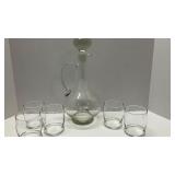 Vtg Clear Glass Decanter w/Floral Etching & 6