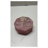 Vtg Pink Soapstone w/Raised White Rose Jewelry Box