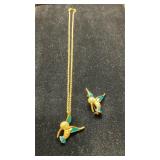 Vtg Gold Tone Enamel Hummingbird Necklace & Brooch
