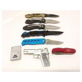 Group of pocket knives, lighter & belt buckle