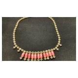 Gold Tone Necklace with Pink Glass & Rhinestones