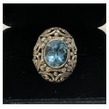 BJC 925 Blue Topaz Filigree Scrollwork Dome Ring