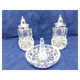 Lead crystal salt pepper shakers & ring holder