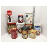 Group of metal advertising tins