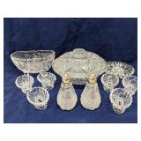 Group of glass salt/pepper shakers, salt cellar &
