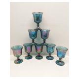 8 Indiana Iridescent Blue Carnival Glass Goblets