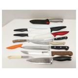 Group of kitchen knives, mixed brands