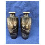 Set of 2 enamelled metal bud vases