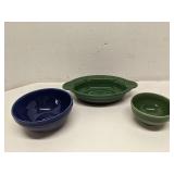Lot of 3 Fiesta Ware dishes, greaan & blue