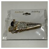 Gold Tone Train or Locomotive Brooch w/Rhinestones