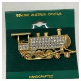 Gold Tone Locomotive Train w/Rhinestone Brooch Pin