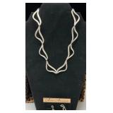 Silver Tone Wavy Link Necklace & Pierced Earrings