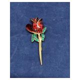 Vintage Red Enamel Rose Brooch Gold Tone