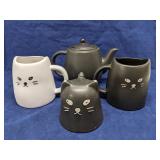 Cat themed mugs and tea pot - gray & white