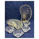 Shell shaped glass snack sets. 4 cups & trays