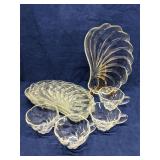 Shell shaped glass snack sets. 4 cups & trays