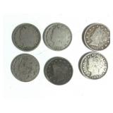 Lot of 6 Liberty Head 'V' Nickels - 1905 1906 1906