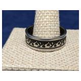 Silvertone & black wedding band w/ flames