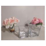 4 glass vases, two with flowers