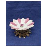 Pink & white candy dish w/ brass pedastal