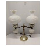 White hobnail milk glass double hurricane lamp w/