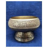 MCM brass pedestal bowl, etched 10' wide x 6' tall