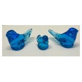3 Blue Birds of Happiness Art Glass Figurines