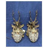 2 PC Brass Stag Sconce Pair: Crystal Lamp Baroque
