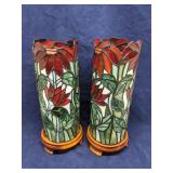 Stained glass candle votive holders on wood bases