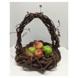 Rustic farmhouse grapevine basket w/ ceramic fruit
