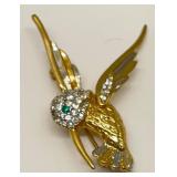 Vtg. Hummingbird Pin with Faux Diamond & Green
