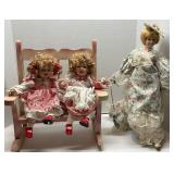 3 Vintage Dolls with Solid Wood Bench
