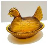 Vtg. Amber Glass Hen On Nest