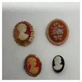 Lot of  3 Cameo Brooches & 1 Floral Brooch
