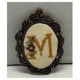 Vtg. Oval  Brooch Antique Bronze  Aida Cloth
