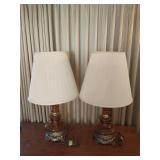 Matched pair amber glass globe brass table lamps