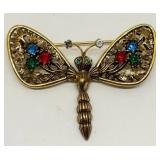Vtg. Jeanne Gold tone Metal Dragonfly Brooch