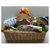 Basket of Kitchen Towels, Pot Holders, Trivets
