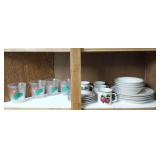 Contents of cabinet - stoneware dishes & glasses