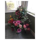 Group of faux flower arrangements & metal table