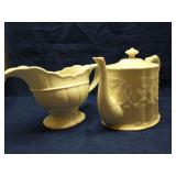 White glass teapot & gravy boat