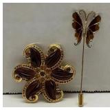 Dark Enamel Gold Tone Lucite Amber Colored