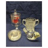 Group of glass items, including cat candle holder