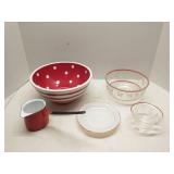 Group of red and white dishes & enameled dipper