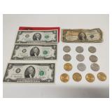 Vintage US paper money and Susan B Anthony Dollars